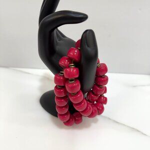 VTG Premier Designs Set of 2 Fuchsia Beaded Stretch Bracelets Brass Tone Boho